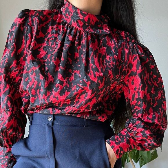 vtg 80s long sleeve satiny blouse red black glam classic maximalist style large - Picture 2 of 9